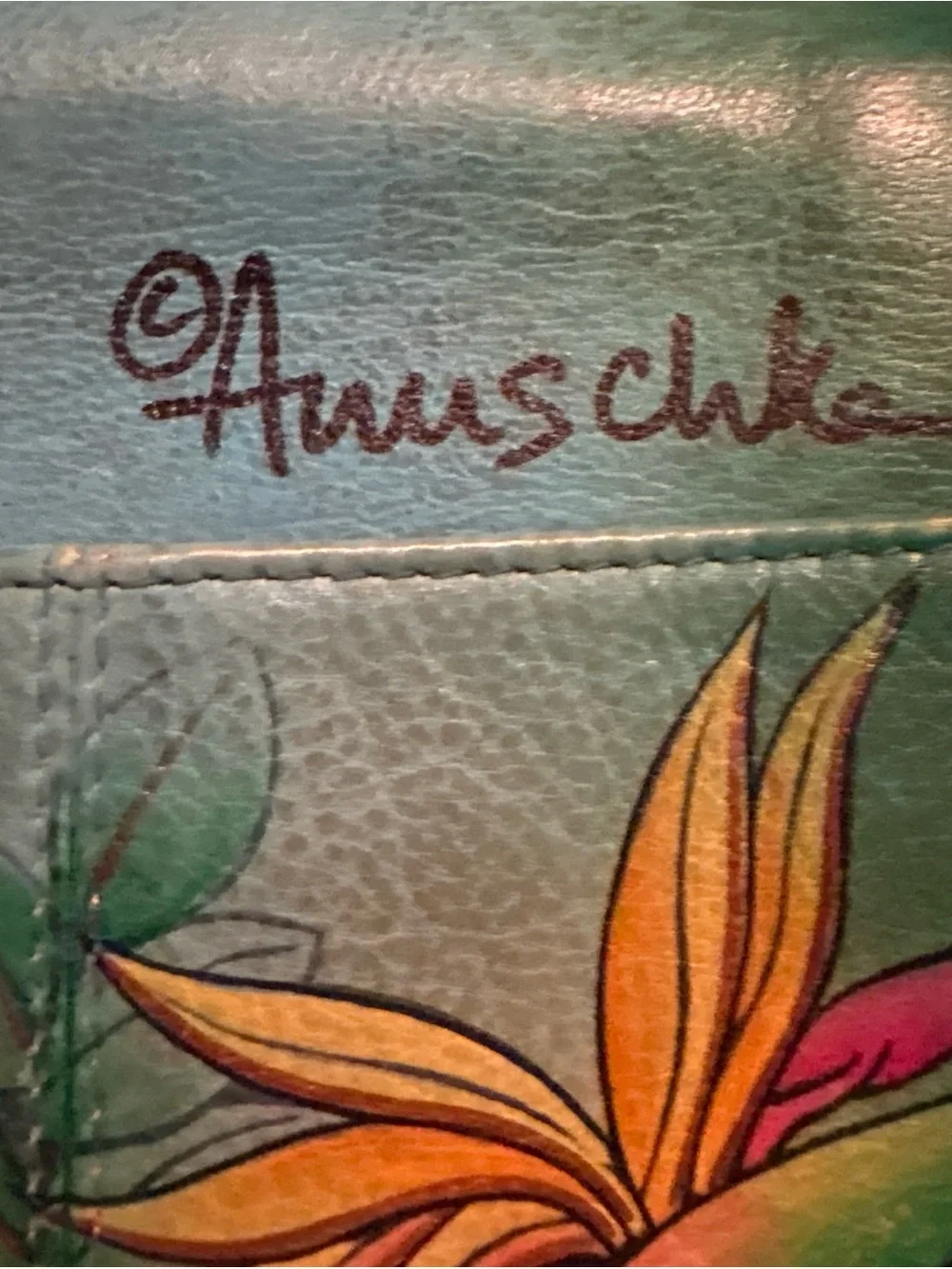 Hand-Painted Teal Crossbody Bag with Tropical Parrot Design